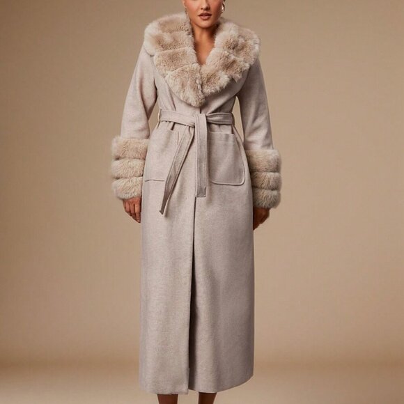 Jackets & Blazers - Khaki Elegant Womens Warm faux Fur trimmed belted Jacket  Coat